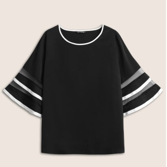 BloomChic Plus Size  Contrast Patchwork Mesh Bell Sleeve Blouse - Picture 6 of 7